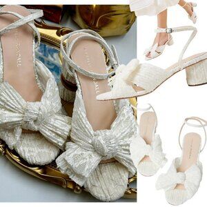 🆕 LOEFFLER RANDALL 🧿 NWOT Dahlia White Lace Bow Mid Heel, Sz 6